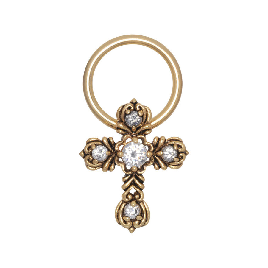 Clip in anello croce gotica dorato Clip in anello croce gotica dorato con decorazioni su sfondo bianco