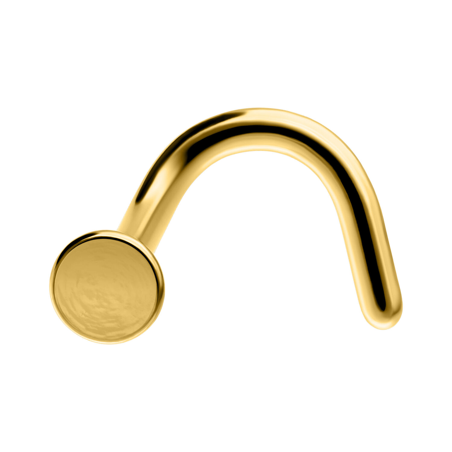 Piercing al naso in titanio dorato a forma di C Piercing al naso dorato in titanio con disco da 2,5 mm su sfondo bianco