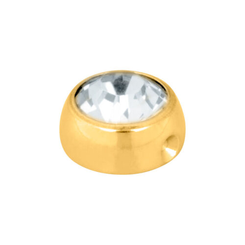 Attacco per piercing dorato con cristallo chiaro su sfondo bianco