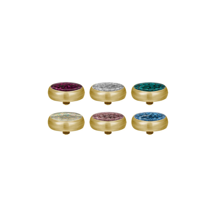 Sei punte in titanio dorato con cristalli in Fucsia, Cristallo Chiaro, Azzurro, Zirconia Blu, Aurora Boreale su sfondo bianco