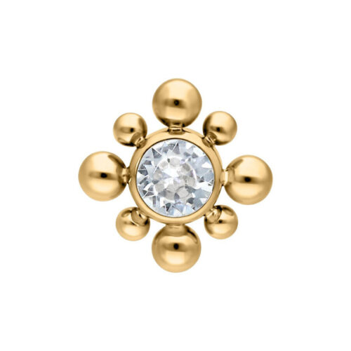 Punta per piercing in titanio dorato con cristallo, dimensione 3,0 mm, su sfondo bianco