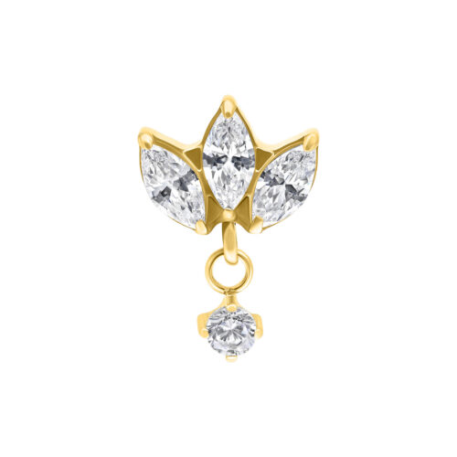 Piercing dorato con cristalli chiari su sfondo bianco