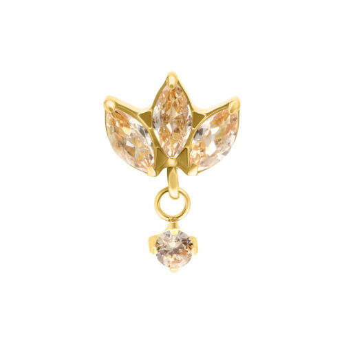 Piercing dorato con tre cristalli color champagne su sfondo bianco