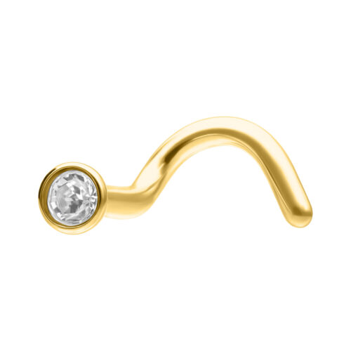 Piercing nasale in oro di titanio con cristallo chiaro, su sfondo bianco