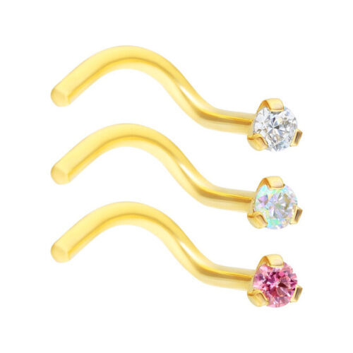 Tre piercing naso dorati con cristalli chiari, Aurora Boreale e rosa su sfondo bianco