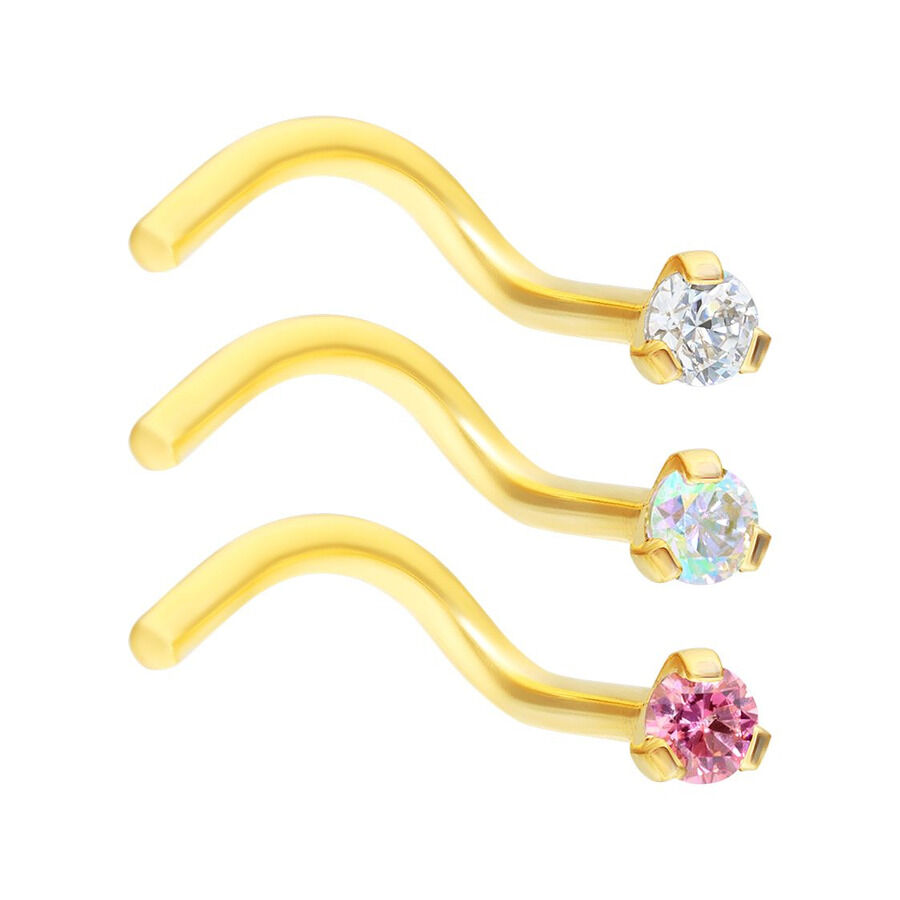 Tre piercing naso dorati con cristalli chiari, Aurora Boreale e rosa su sfondo bianco