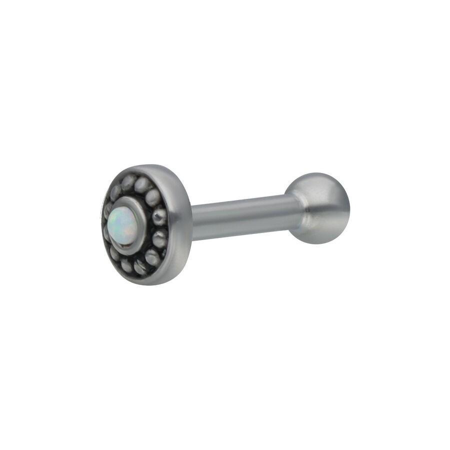 Barbell per Orecchio in Argento con Opale Tribale Barbell per orecchio in argento con opale e design tribale su sfondo bianco