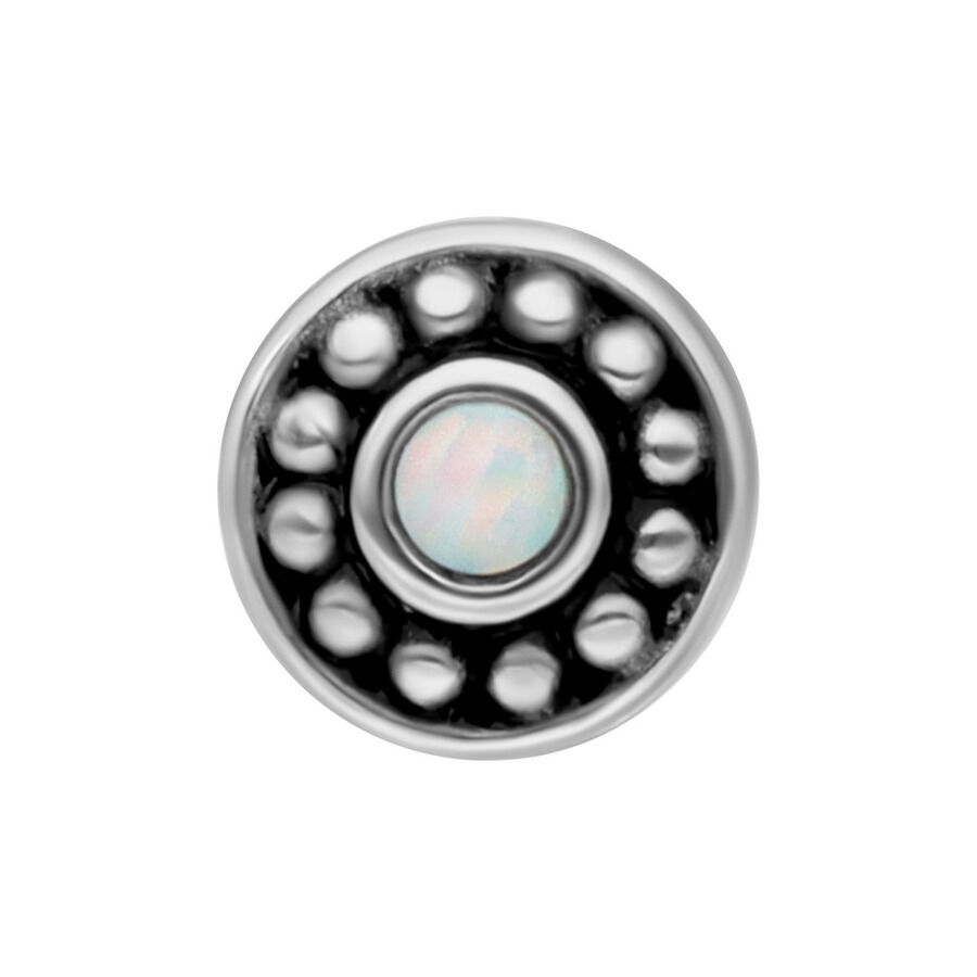 Tribal Synthetic Opal Orecchino Barbell in Argento Orecchino barbell tribale in argento con opale bianco su sfondo bianco