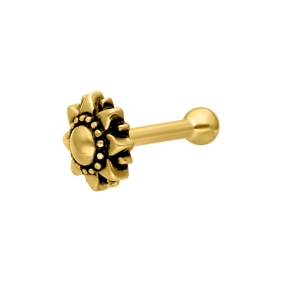 Barbell per orecchio a forma di girasole dorato in acciaio chirurgico Barbell per orecchio dorato a forma di girasole su sfondo bianco