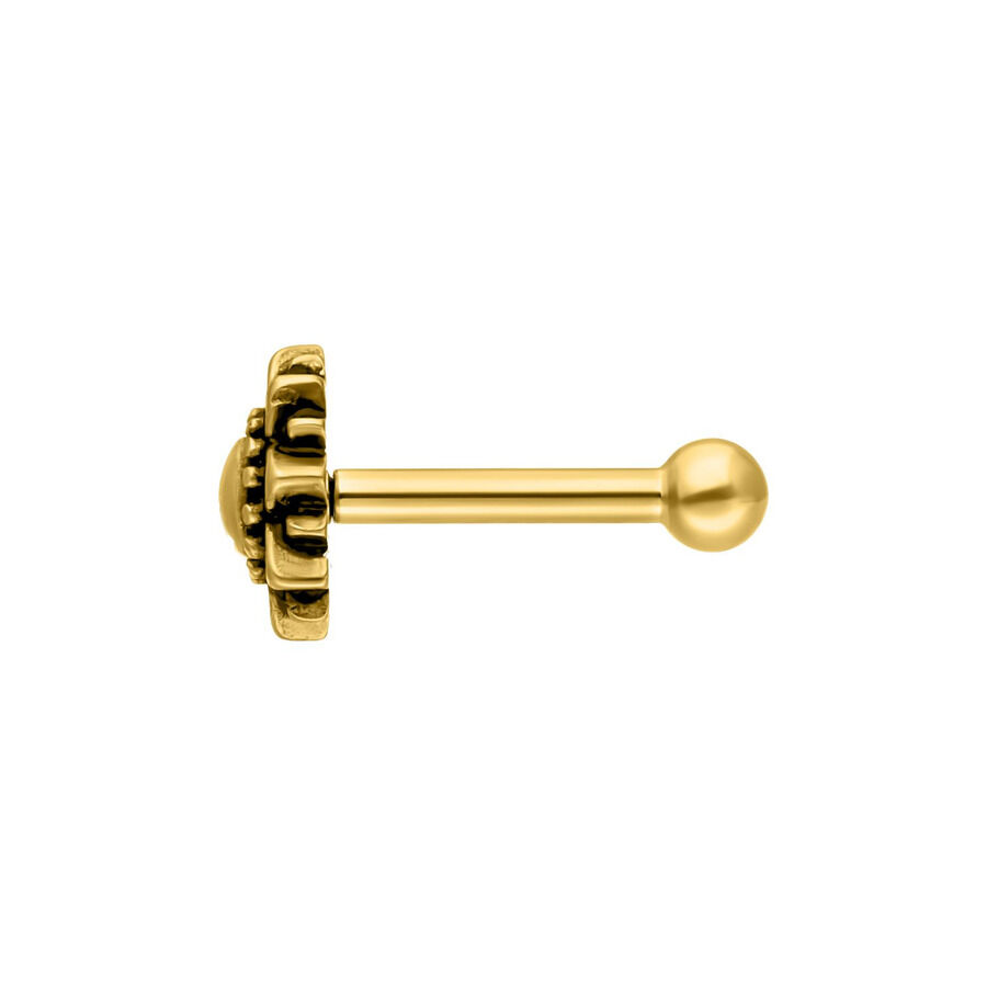 Sunflower orecchino barbell in oro Sunflower orecchino barbell in oro con chiusura a sfera su sfondo bianco