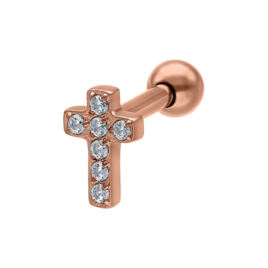 Roségoldenes Ohr Barbell mit Kreuz und klaren Kristallen auf weißem Hintergrund