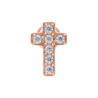 Barbell per l'orecchio in oro rosa a forma di croce con cristalli chiari su sfondo bianco