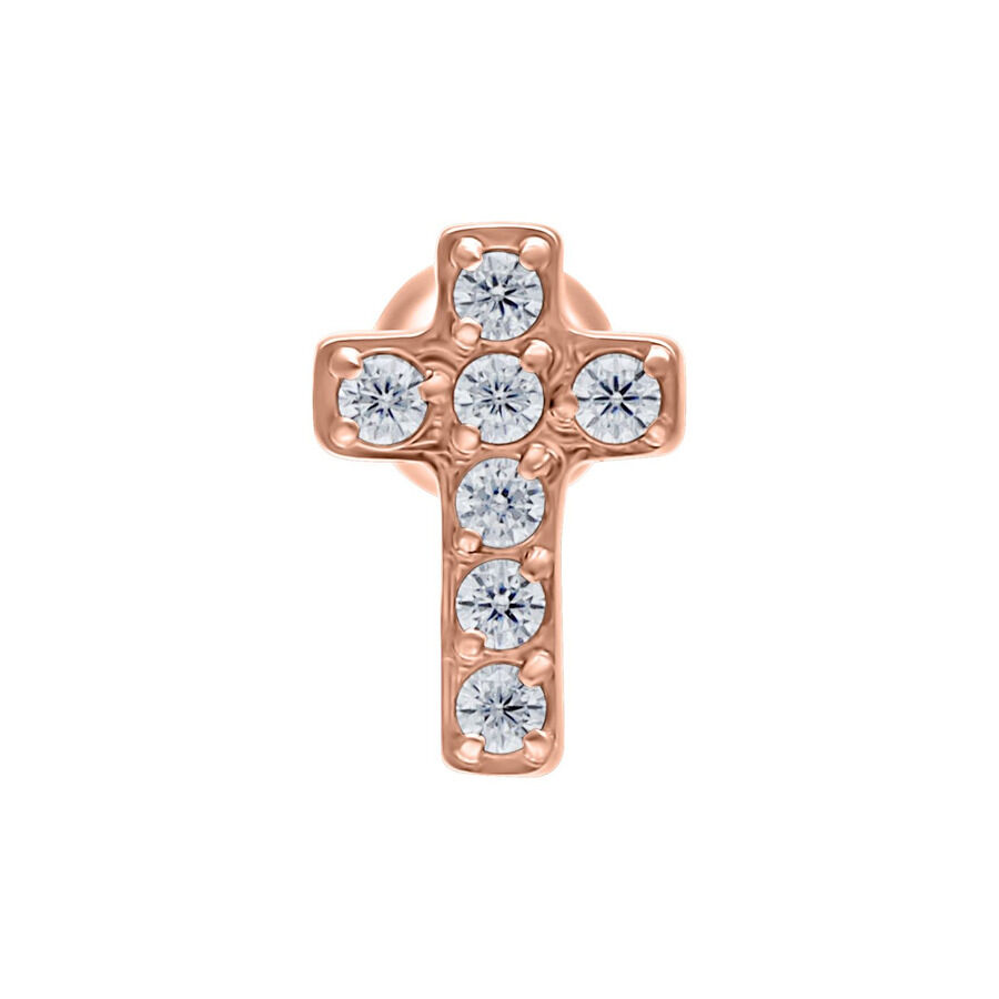 Barbell per l'orecchio in oro rosa a forma di croce con cristalli chiari su sfondo bianco