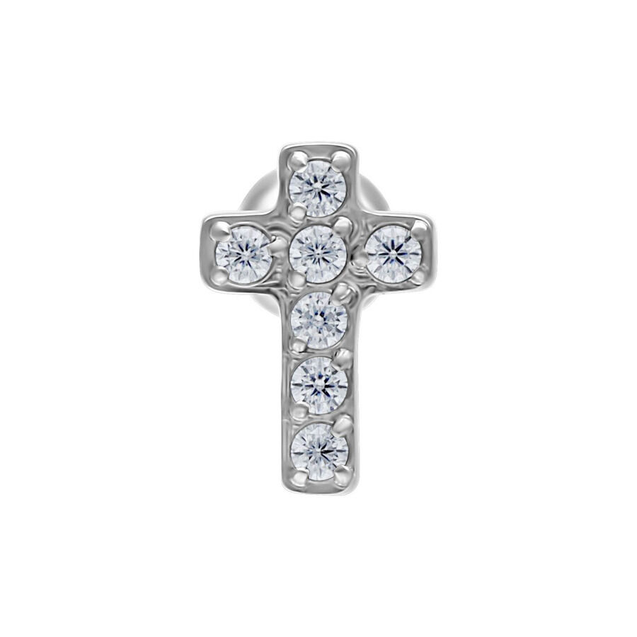 Barbell per orecchio in argento con croce cristallina in titanio su sfondo bianco