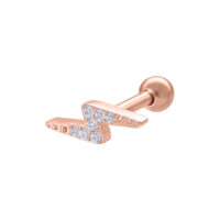 Barbell per orecchio in oro rosa con cristalli chiari su sfondo bianco