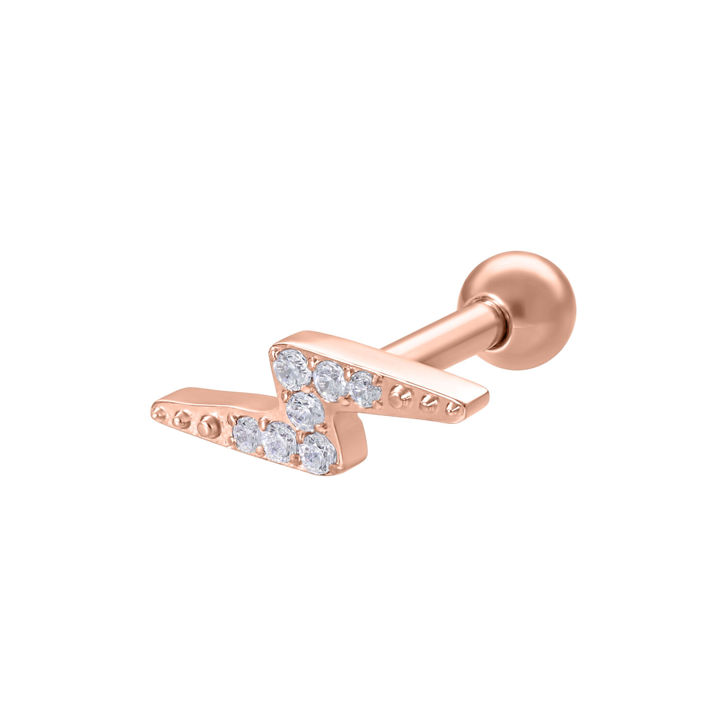 Barbell per orecchio in oro rosa con cristalli chiari su sfondo bianco