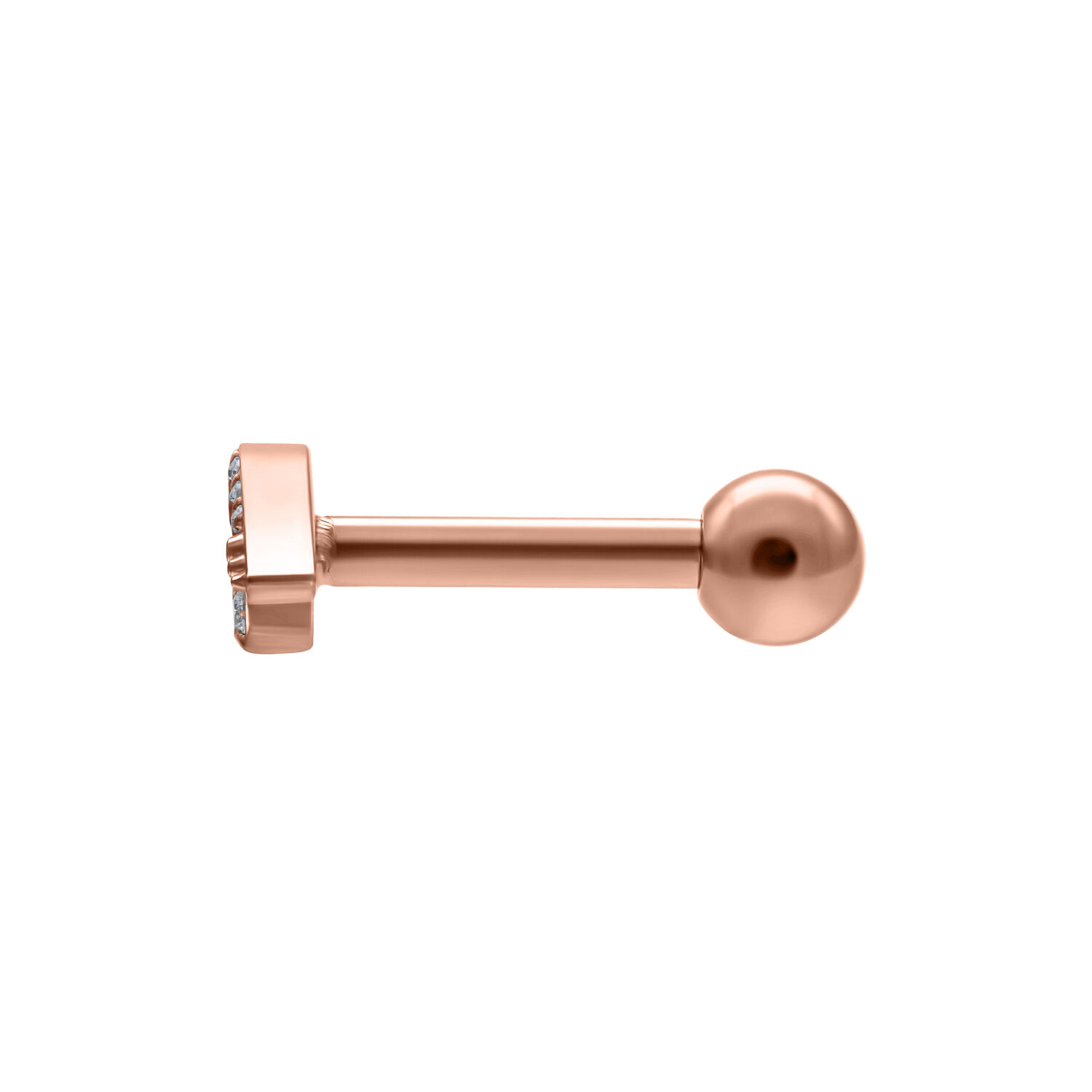 Barbell per orecchio in oro rosa con cristallo trasparente su sfondo bianco