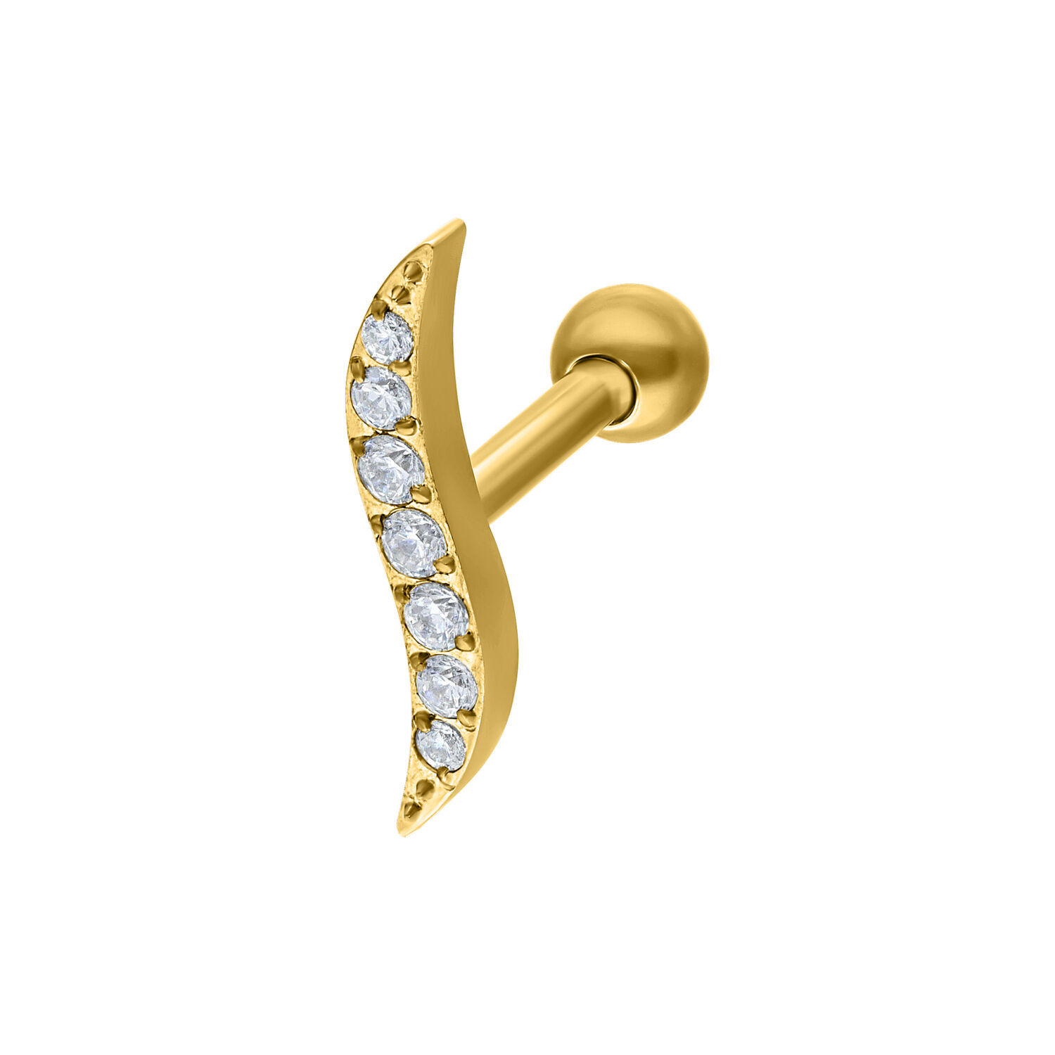 Barbell per orecchio dorato con design ondulato e cristalli su sfondo bianco