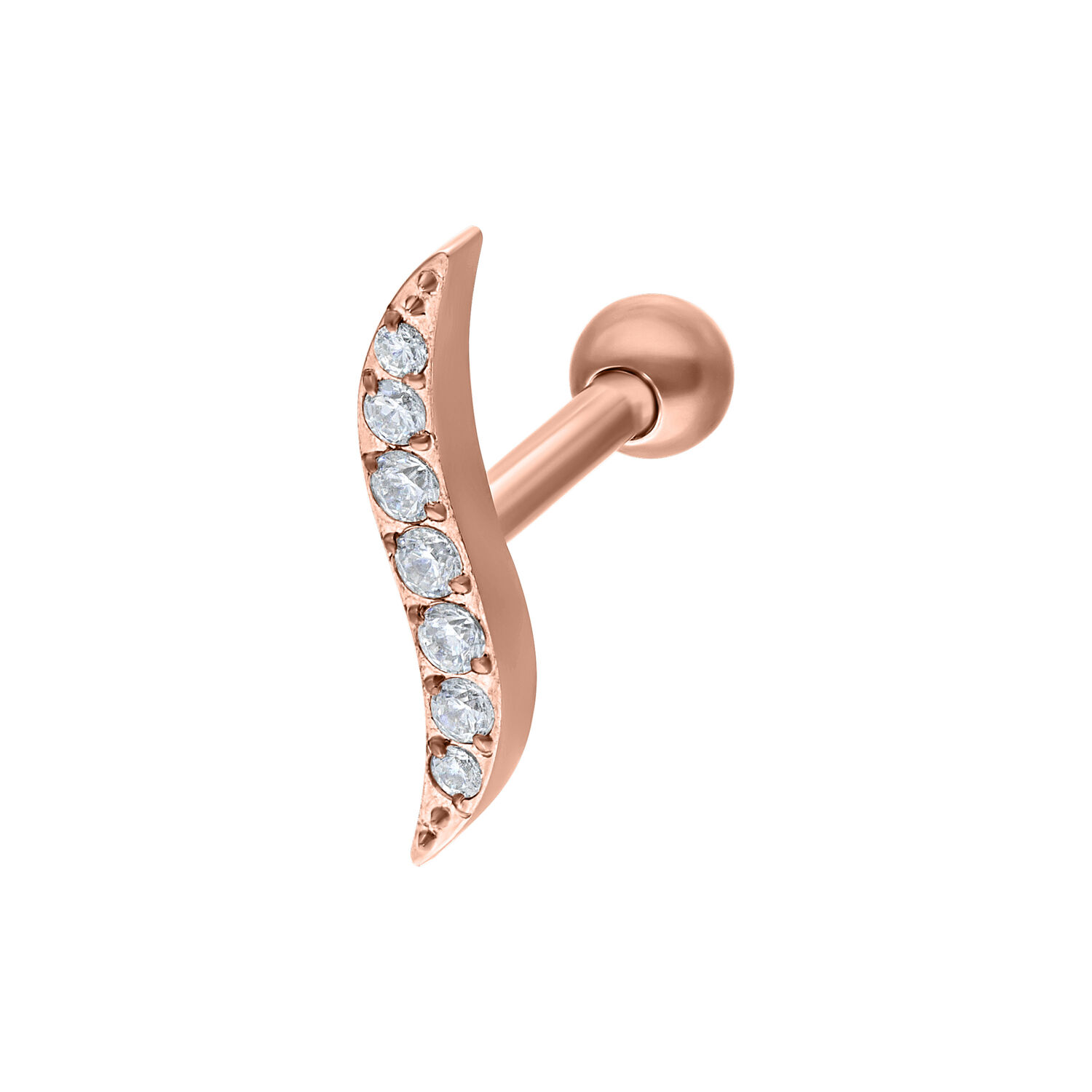 Barbell per orecchio in oro rosa con cristalli a forma di onda su sfondo bianco