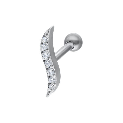 Earbarbell in argento di titanio con design ondulato e zirconi chiari su sfondo bianco