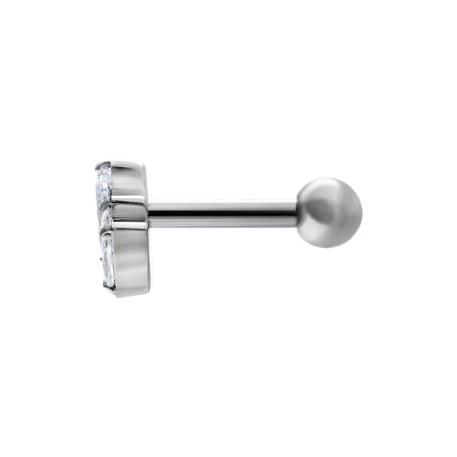 Barbell per orecchio in argento con design di loto in cristallo su sfondo bianco