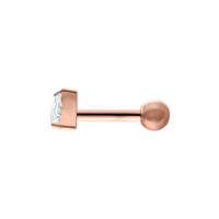 Barbell per orecchio oro rosa con cristallo triangolare trasparente su sfondo bianco