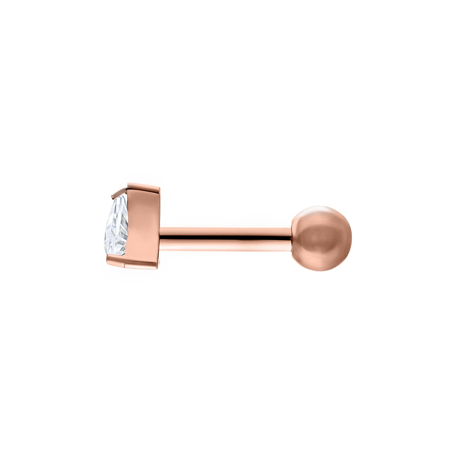 Barbell per orecchio oro rosa con cristallo triangolare trasparente su sfondo bianco