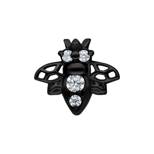 Accessorio ape nero in acciaio chirurgico con cristalli chiari su sfondo bianco