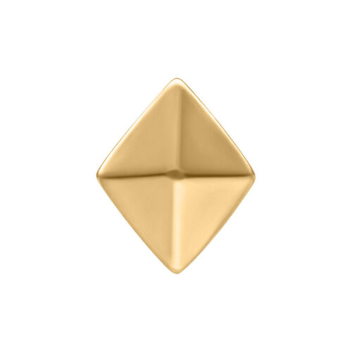 Punta piramidale dorata in acciaio chirurgico su sfondo bianco