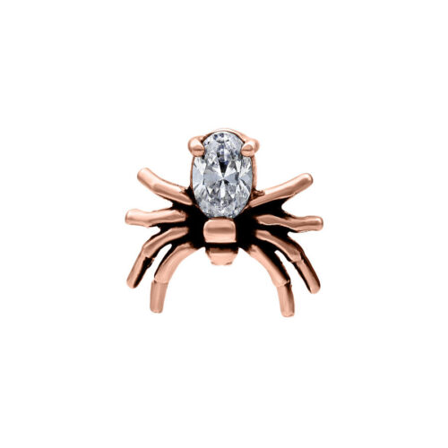 Attacco piercing in oro rosa a forma di ragno con cristallo chiaro su sfondo bianco