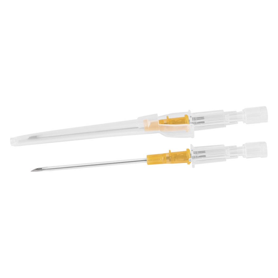 Introcan Piercingnadel Safety Acciaio Chirurgico Due piercingnadel in acciaio chirurgico con impugnatura gialla su sfondo bianco