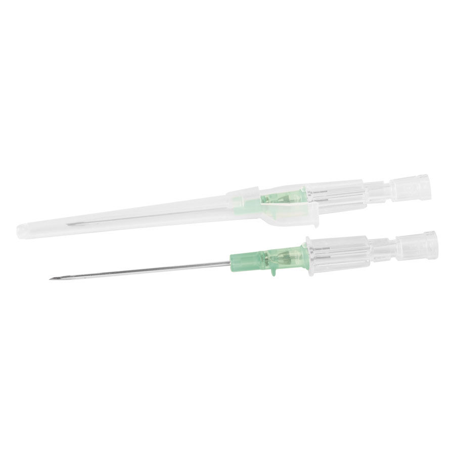 Aghi da piercing di sicurezza Introcan 14G-18G Due aghi da piercing in acciaio chirurgico con impugnature verdi su sfondo bianco