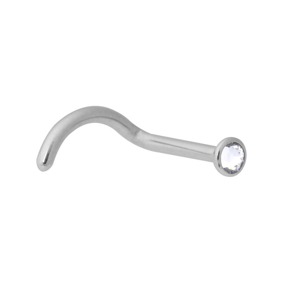 Piercing al naso in acciaio chirurgico argento con cristallo cristallino su sfondo bianco