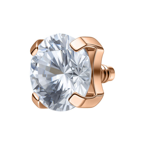 Attacco Prong Set in oro rosa con pietra cristallina su sfondo bianco