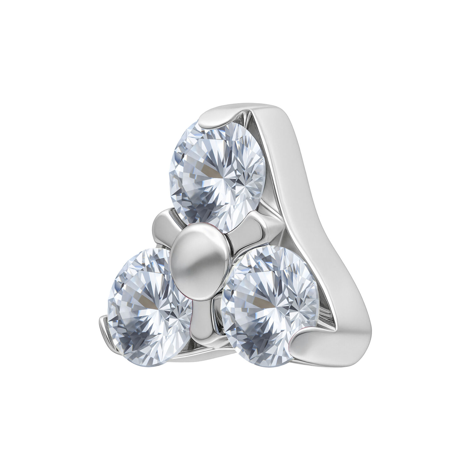 Attacco Trinity in argento con tre pietre cristalline su sfondo bianco