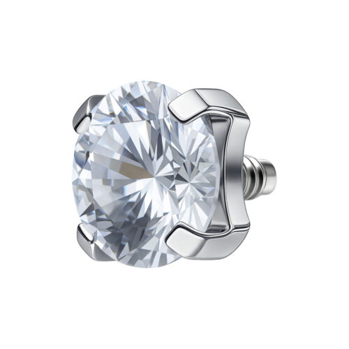 Accessorio per piercing argentato con pietra cristallina su sfondo bianco