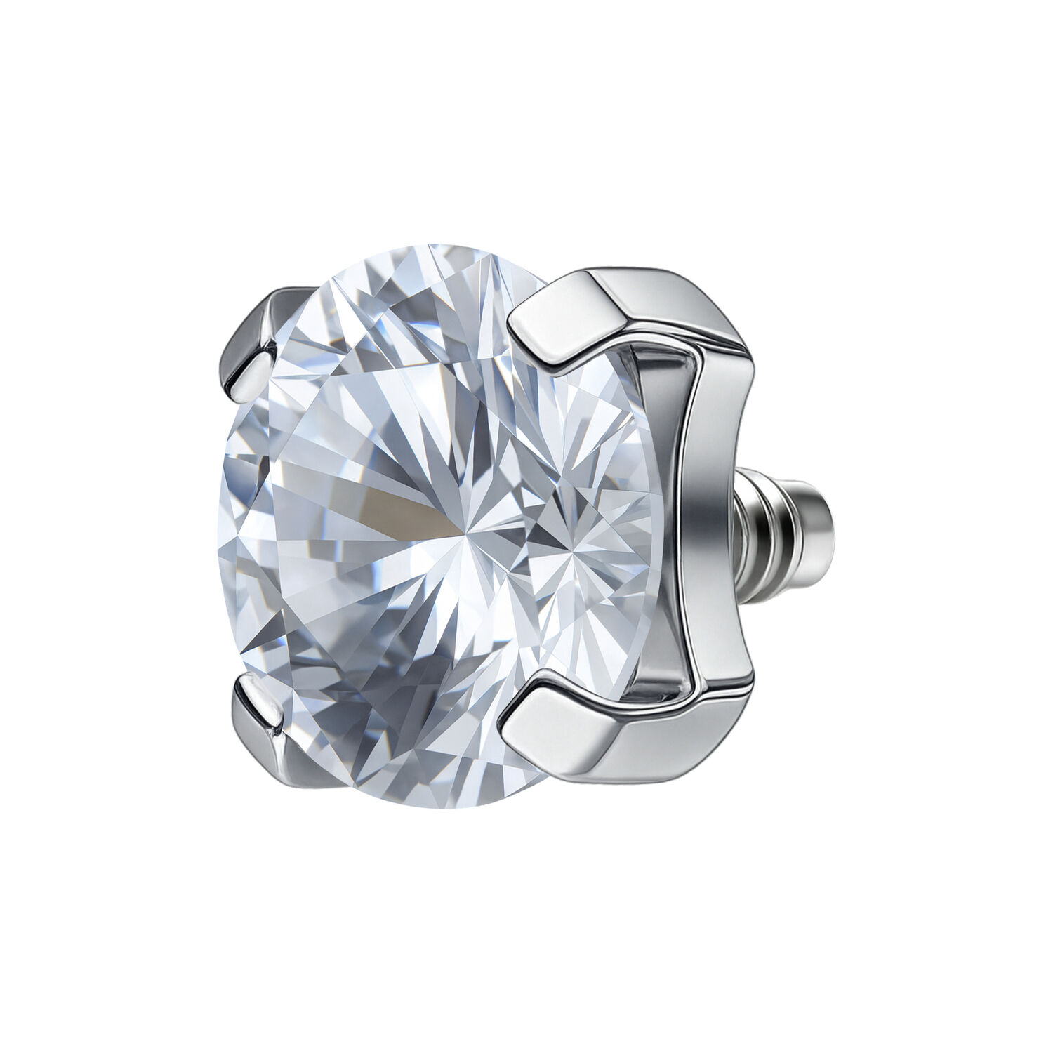 Accessorio per piercing argentato con pietra cristallina su sfondo bianco