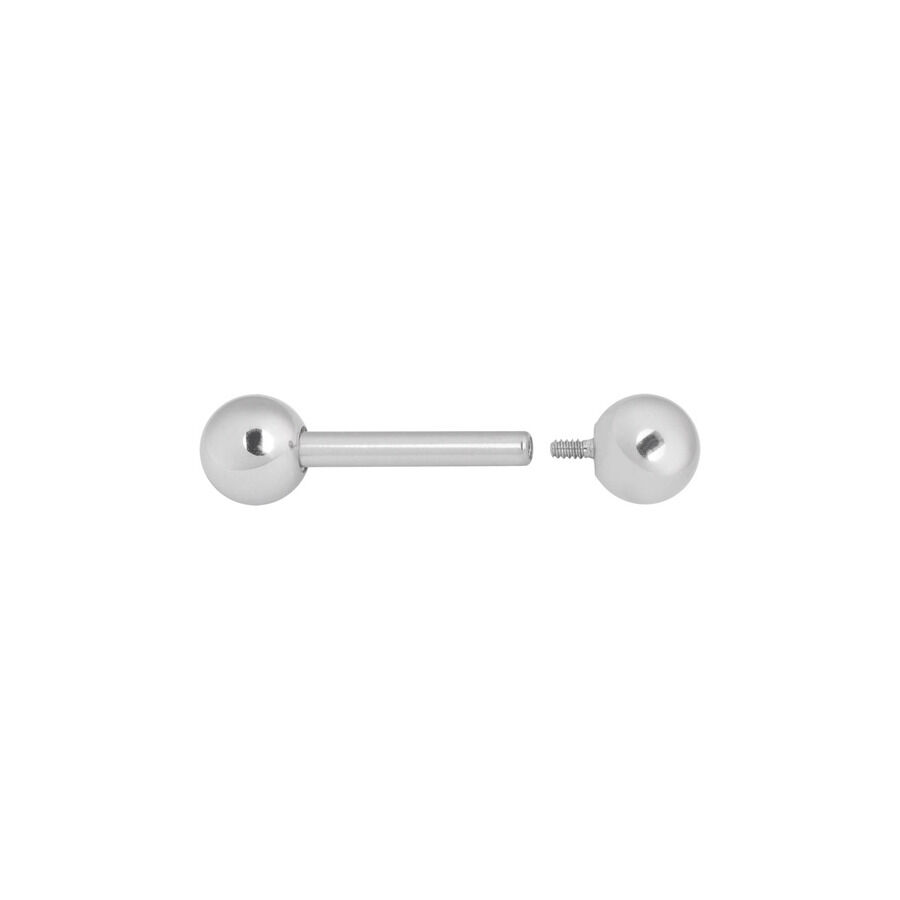 Barbell Internamente Filettato in Acciaio Chirurgico Barbell argento con filettatura interna e due sfere su sfondo bianco