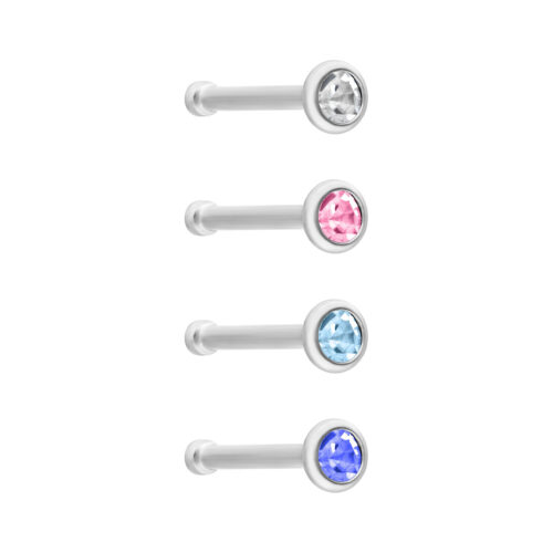 Piercing nasale in argento con cristalli chiari, rosa, azzurri e blu scuro su sfondo bianco