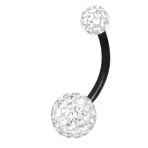 Piercing all'ombelico in titanio nero con pietre cristalline, su sfondo bianco
