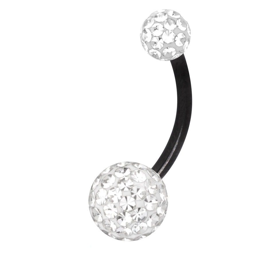 Piercing all'ombelico in titanio nero con pietre cristalline, su sfondo bianco
