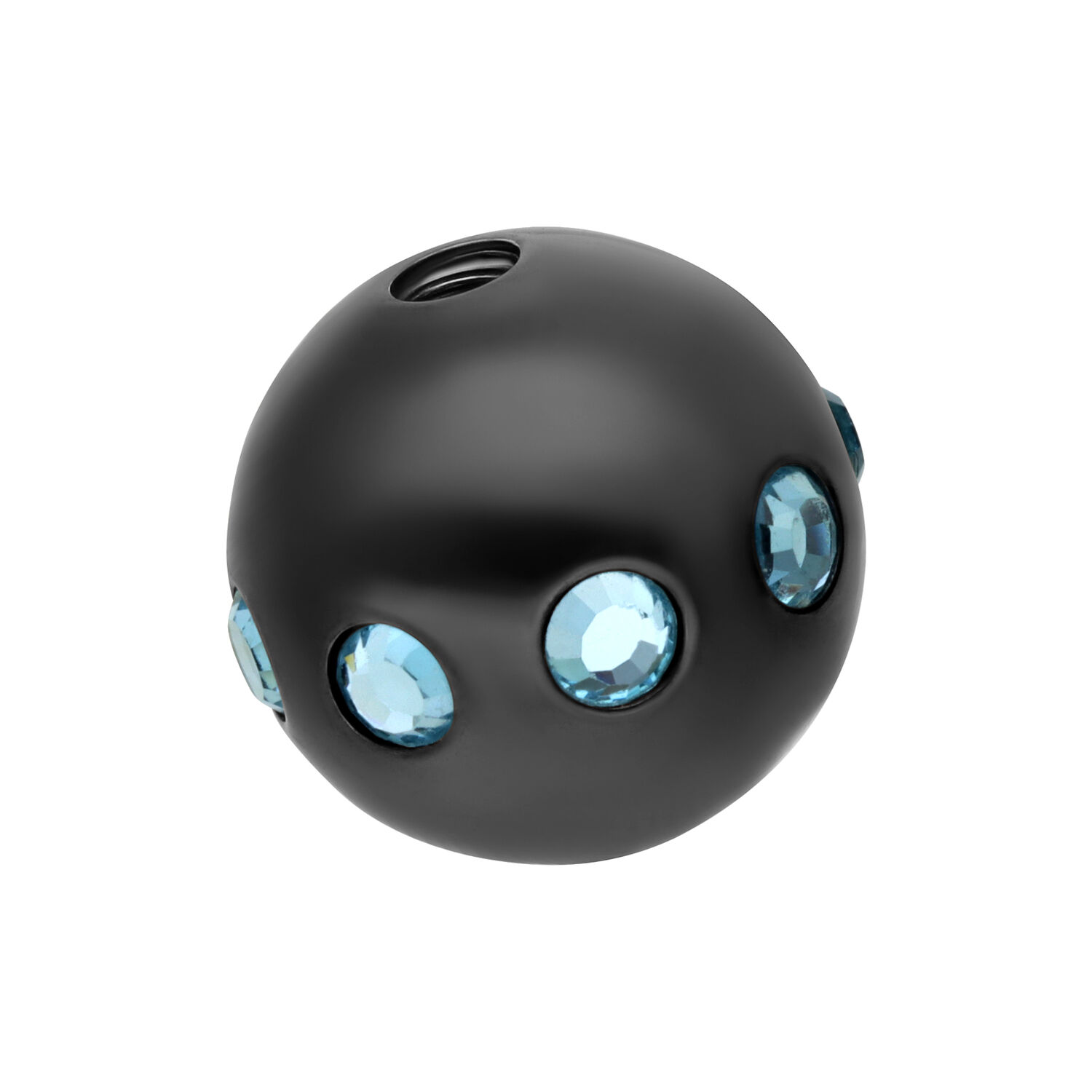 Accessorio rotondo in titanio nero con cristalli azzurri su sfondo bianco