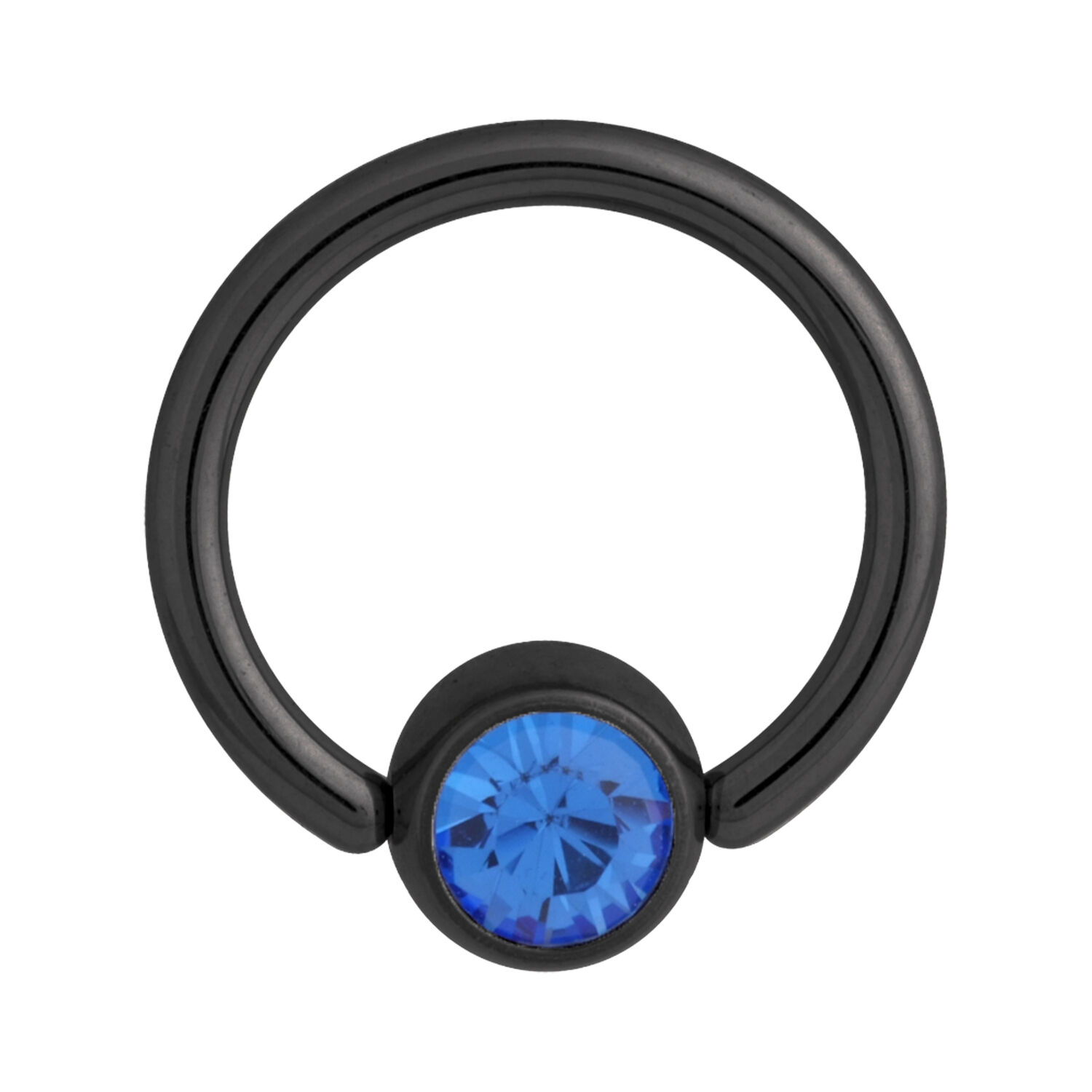 Anello clip nero con cristallo blu zaffiro Anello in titanio nero con cristallo blu zaffiro su sfondo bianco