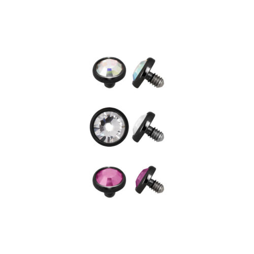 Accessori in titanio nero con cristalli chiari, Aurora Boreale e rosa su sfondo bianco