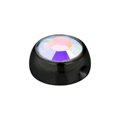 Piercing in titanio nero con cristallo Aurora Boreale scintillante su sfondo bianco