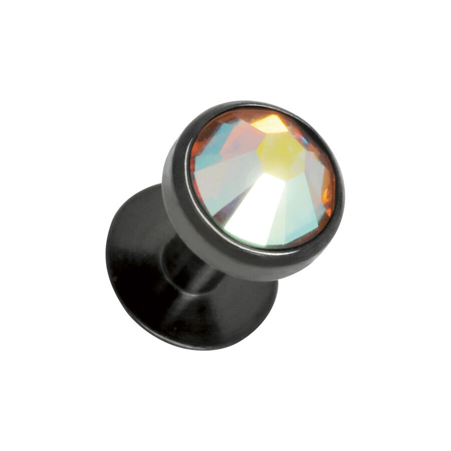 Piercing in titanio nero con grande cristallo Aurora Boreale su sfondo bianco