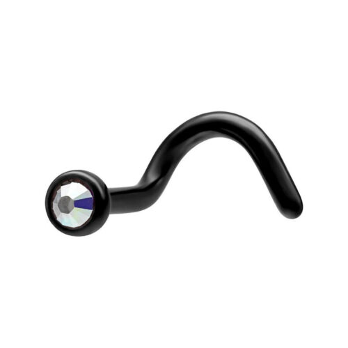 Piercing nasale nero in titanio con cristallo Aurora Boreale su sfondo bianco