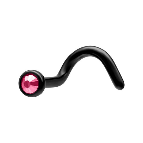 Piercing al naso in titanio nero con cristallo fucsia su sfondo bianco