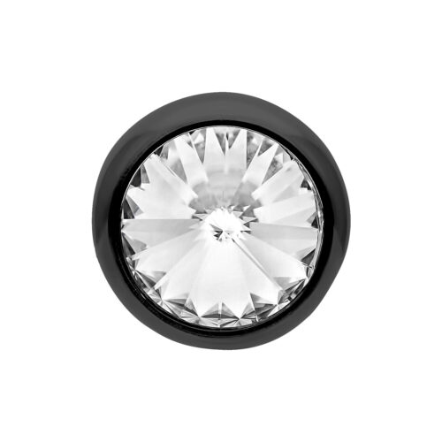 Accessorio piercing nero con cristallo chiaro su sfondo bianco