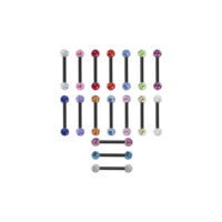 Barbell piercing in titanio nero con sfere di cristallo colorate su sfondo bianco